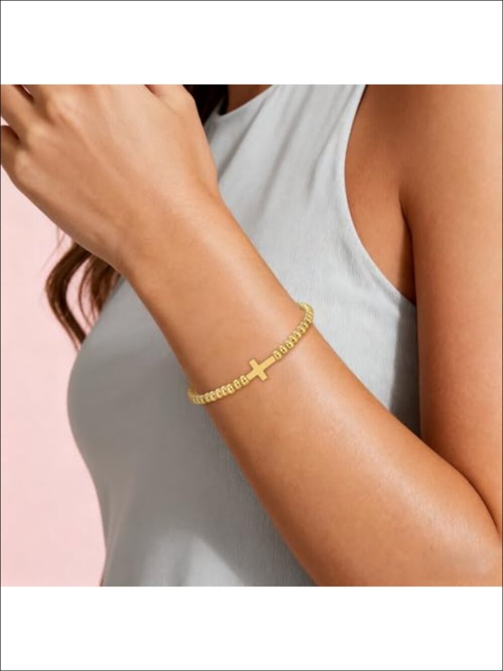 14K Gold Plated Beaded Bracelet Cross Charm Stretch Elastic Handmade - Picture 3 of 5